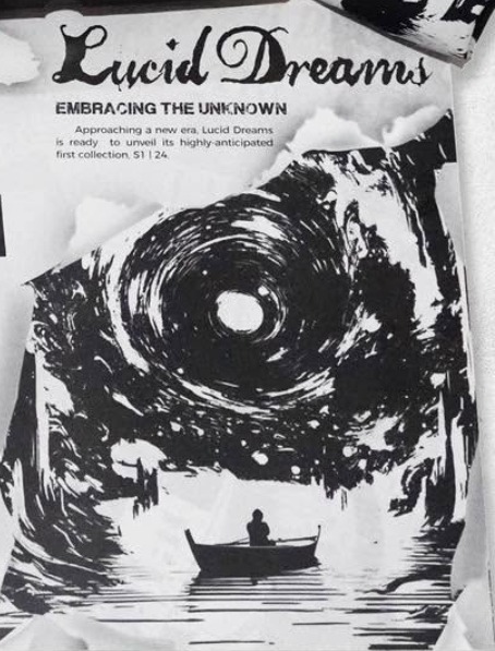 Lucid Dreams artwork: an ink vortex over a lone figure in a rowing boat